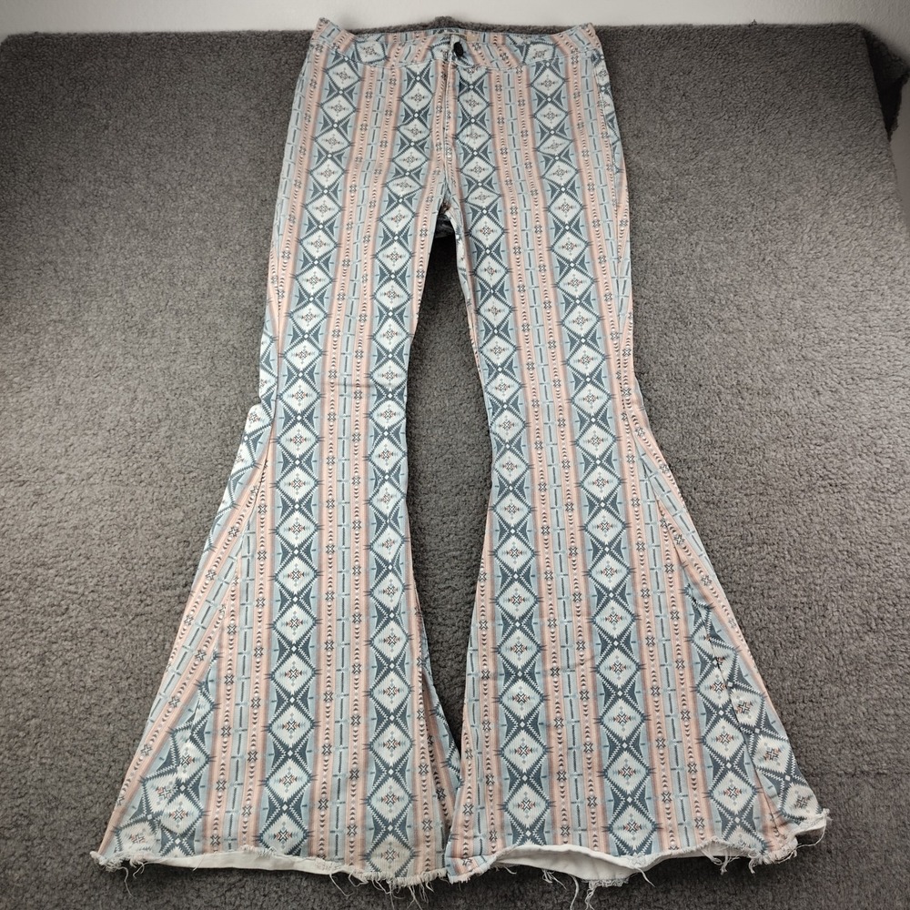 Rock & Roll Denim Bargain Button Bell Bottom Flare Aztec Tribal 33x34 High waist
